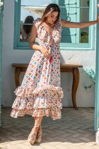 Robe longue en soie - Blanc et rouge