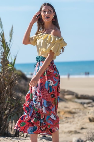 Jupe midi en soie - Rouge et bleu