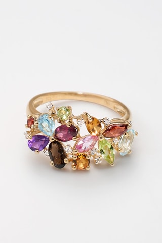 Anillo Nesrine - Oro amarillo, diamantes, zafiro, granates, prehnita, citrinos, topacios, almandino y cuarzo ahumado