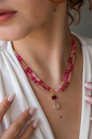Collar - Chapado en oro amarillo, ágatas y cuarzo