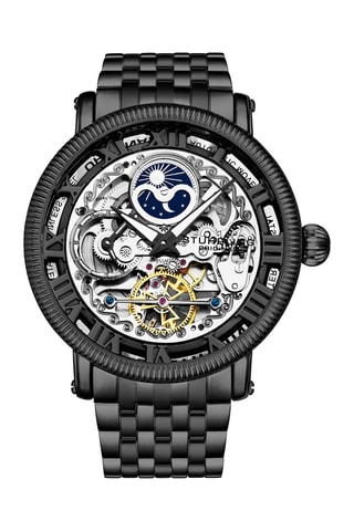 Reloj automático de acero Legacy - Contador de fase lunar y función GMT - Negro y plateado
