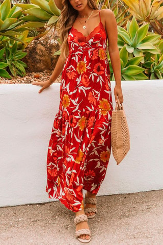 Vestido comprido Vermelho e cru - Branco, vermelho e amarelo