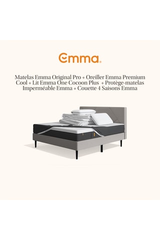 Ensemble matelas Emma Original + 2 oreillers Emma Original Adapt Thermorégulant + lit Emma One Cocoon Plus avec tête de lit + protège-matelas Imperméable Emma + couette 4 Saisons Emma