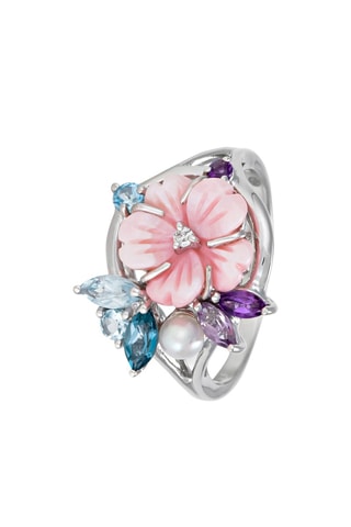 Anillo Flower Magic - Oro blanco, diamante, topacios, amatistas y nácar