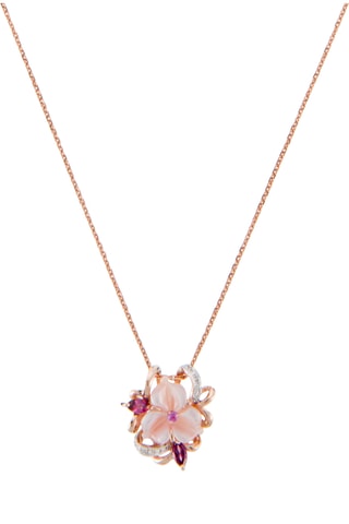 Colgante - Oro rosa, diamantes, rodolitas, zafiro y nácar