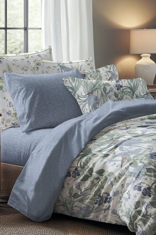2 fundas de almohada de satén de algodón Frêne à fleurs - Azul
