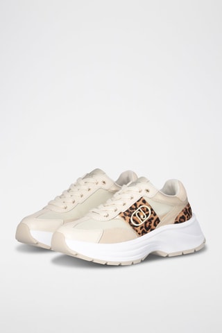 Baskets plateformes en cuir Eva - Blanc, beige et doré