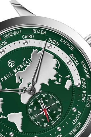 Reloj de cuarzo de acero - GMT - Plateado y verde - Paul McNeal