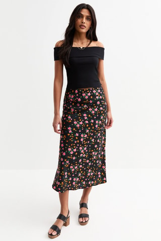 Falda midi de talle alto - Negro
