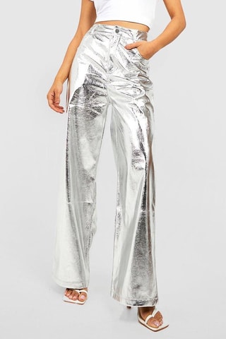 Broek Straight Hoge Taille - Zilverkleurig
