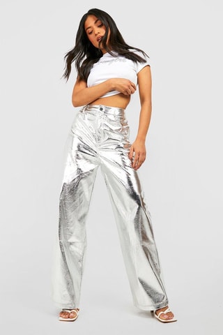 Broek Straight Hoge Taille - Zilverkleurig