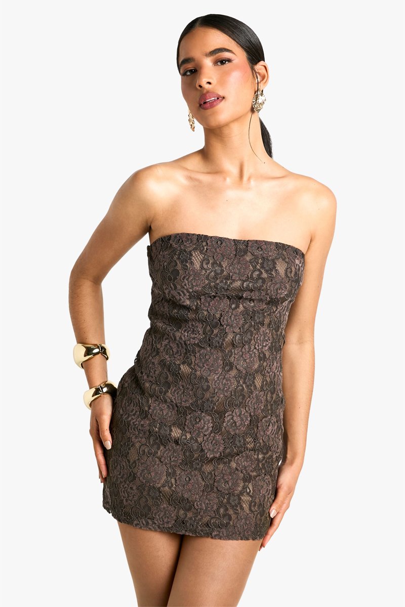 Vestido bustier de encaje - Topo