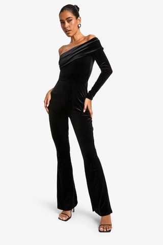 Asymmetrische Velours Jumpsuit - Zwart
