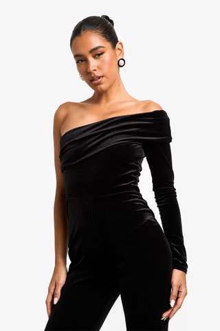 Asymmetrische Velours Jumpsuit - Zwart