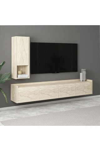 Meuble TV 4 abattants avec étagère murale - 160 x 35 x 29,6 / 27,3 x 72,3 x 27,3 cm