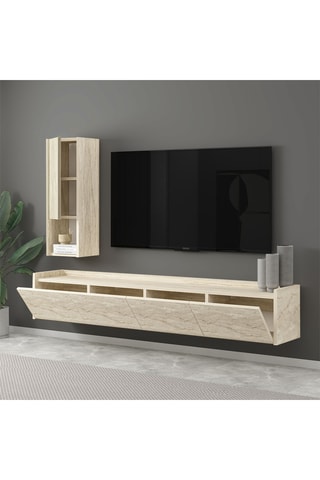 Meuble TV 4 abattants avec étagère murale - 160 x 35 x 29,6 / 27,3 x 72,3 x 27,3 cm