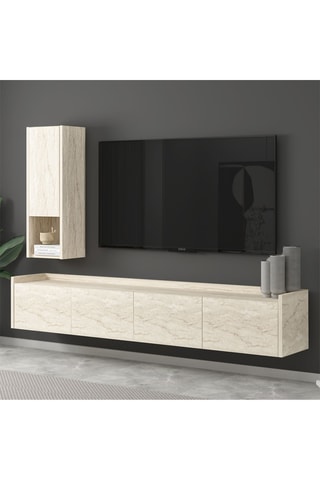 Meuble TV 4 abattants avec étagère murale - 160 x 35 x 29,6 / 27,3 x 72,3 x 27,3 cm