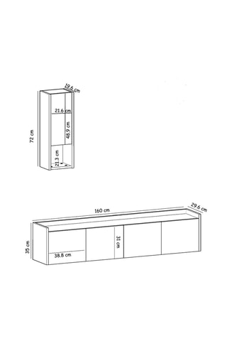 Meuble TV 4 abattants avec étagère murale - 160 x 35 x 29,6 / 27,3 x 72,3 x 27,3 cm