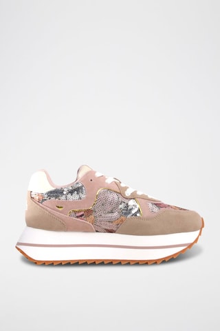 Zapatillas de nobuk con plataforma - Beige, rosa y dorado