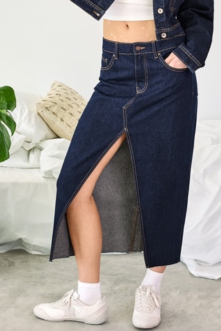 Falda midi vaquera de talle alto - Azul marino