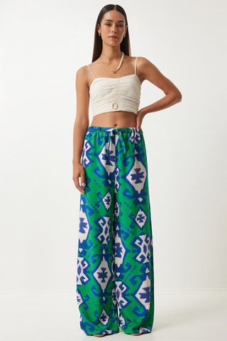 Pantalón palazzo de lino - Verde y azul marino