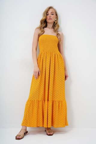 Vestido bustier de guipur - Mostaza
