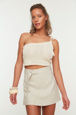 Falda pantalón de talle alto de lino y lana - Beige