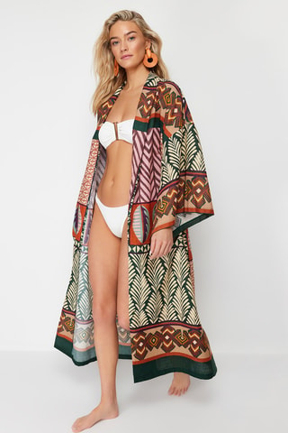 Kimono - Beige, rojo, verde y rosa