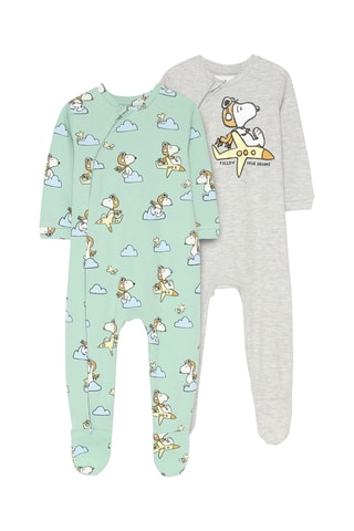 2 grenouillères Snoopy - Gris clair chiné et vert