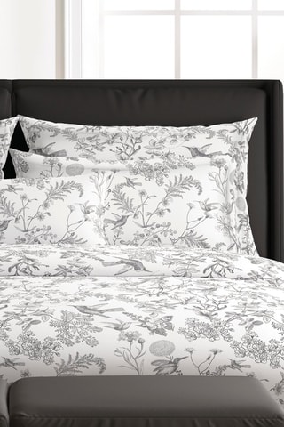 Funda de almohada de satén de algodón 80 hilos/cm² Jardin du colibri - Gris oscuro y blanco