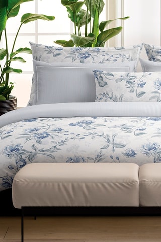 Funda de almohada de satén de algodón 80 hilos/cm² Fleurs azurées - Blanco