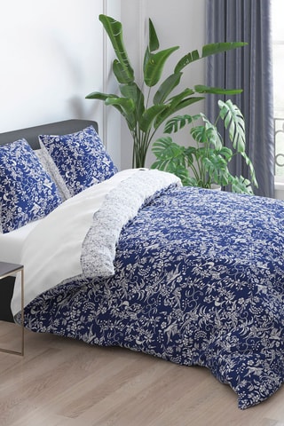 2 fundas de almohada de satén de algodón 200 hilos/cm² Birds - Azul marino y blanco