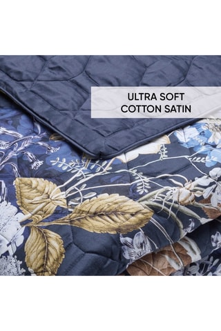 Colcha XL de satén de algodón 80 hilos/cm² Bouquet d'Hortensias - Azul noche y beige