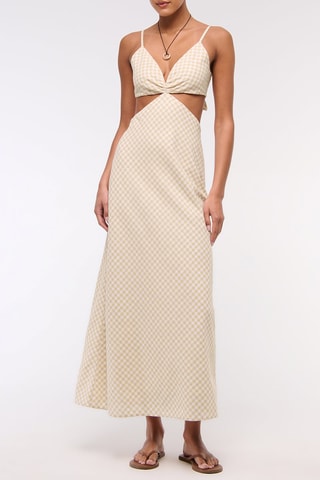 Robe midi en lin - Beige et blanc