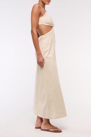 Robe midi en lin - Beige et blanc