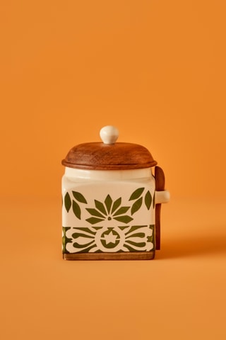 Pot en céramique et bois d'acacia - 12 x 10 x 15 cm - Crème