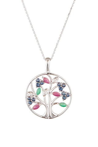 Colgante Árbol de flores - Oro blanco, diamantes, zafiros, rubíes y esmeraldas