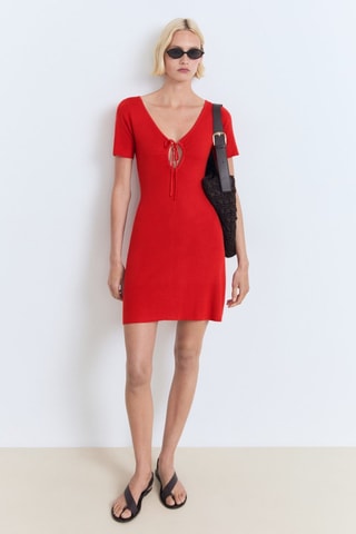 Robe en maille décolleté nœud - Rouge