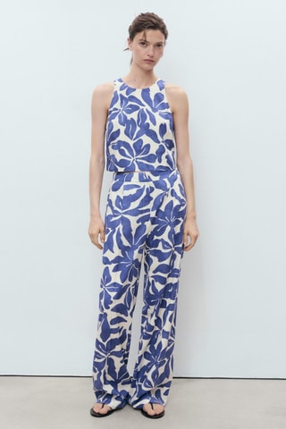 Pantalon lin mélange imprimé - Bleu