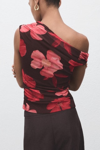 Top asymétrique à fleurs - Marron
