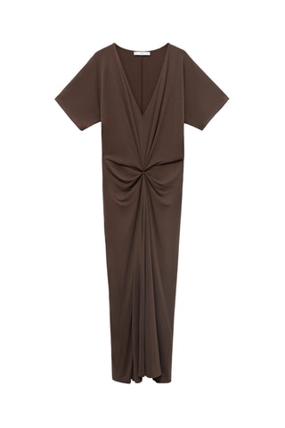 Robe col V froncé - Marron