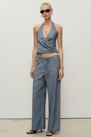 Pantalon wideleg denim avec ceinture - Bleu