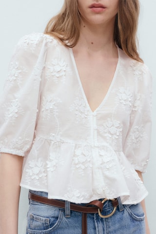 Blouse en coton broderie florale - Blanc
