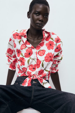 Chemise popeline imprimé à fleurs - Blanc