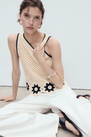 Top en crochet finitions à fleurs - Blanc