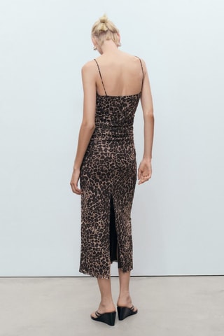 Robe midi froncée léopard - Marron