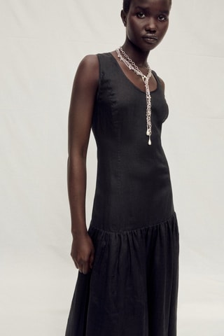 Robe longue en lin avec empiècement froncé - Noir