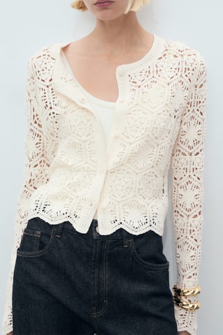 Cardigan crochet bas festonné - Écru