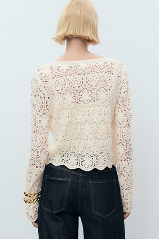 Cardigan crochet bas festonné - Écru