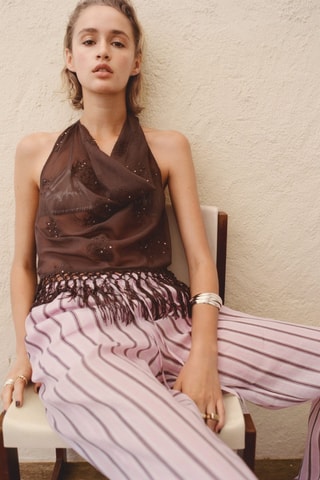 Pantalon en ramie à rayures - Rose